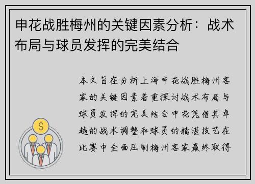 申花战胜梅州的关键因素分析：战术布局与球员发挥的完美结合